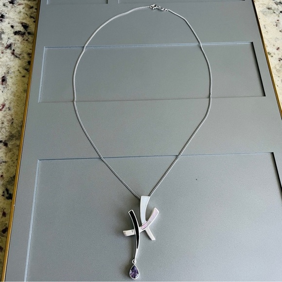 Vintage Abstract Pendant Necklace W/ Amethyst Onyx Abalone Pearl Sterlin… - Picture 4 of 6